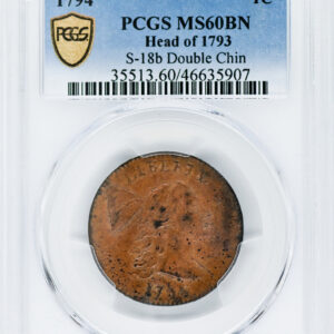 1794 LIBERTY CAP 1C, HEAD OF 1793, DENT. BORDER MS60 Brown