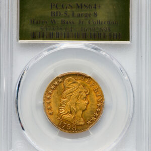 1798 DRAPED BUST $5, LARGE 8, 13 ST REV MS64+