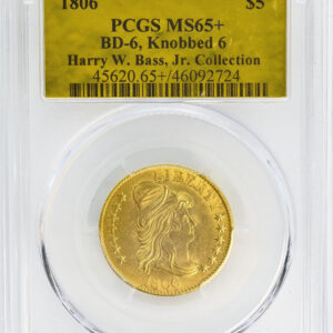 1806 DRAPED BUST $5, ROUND 6, 7X6 STARS MS65+