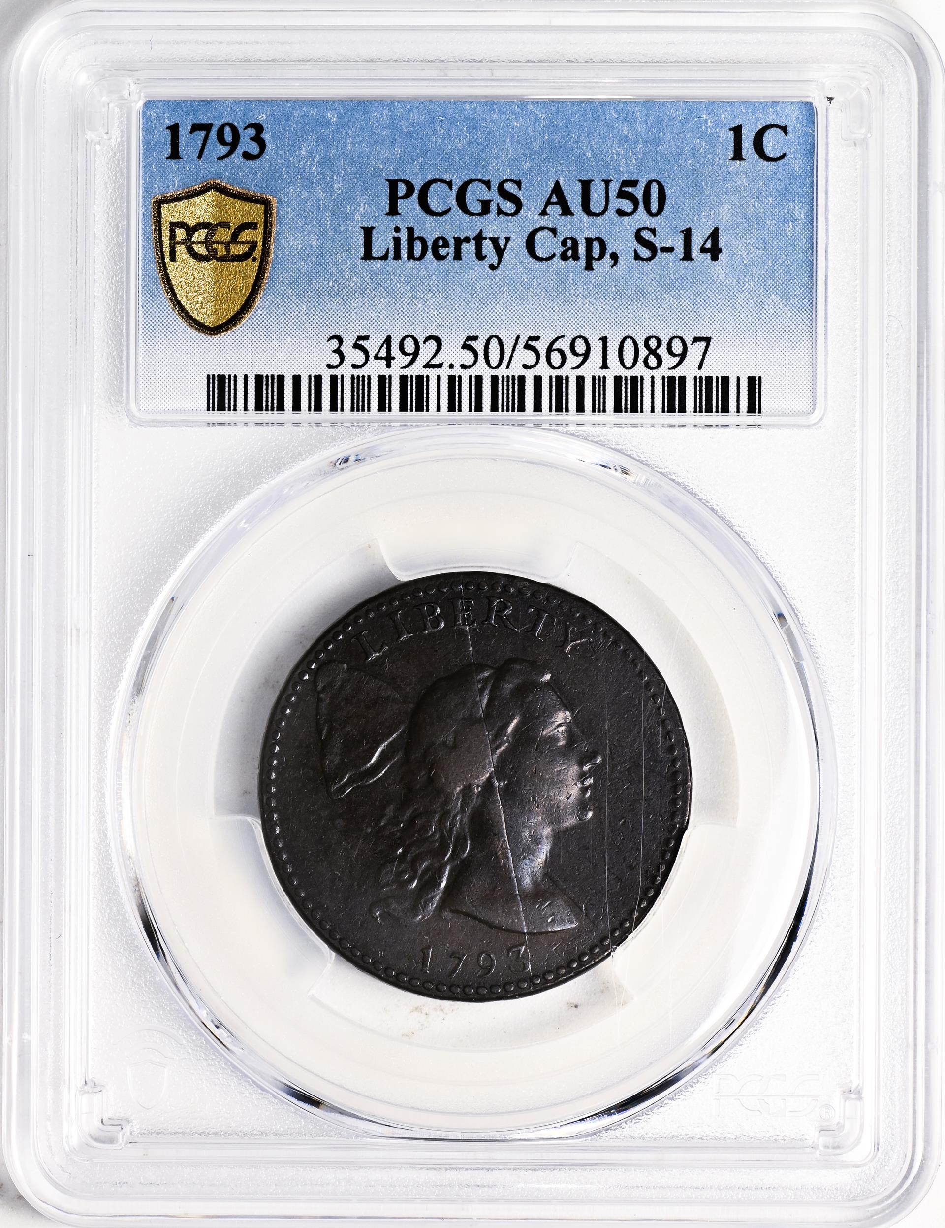 1793 LIBERTY CAP 1C, BEADED BORDER AU50 Brown