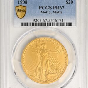 1908 ST. GAUDENS $20, MOTTO PR67