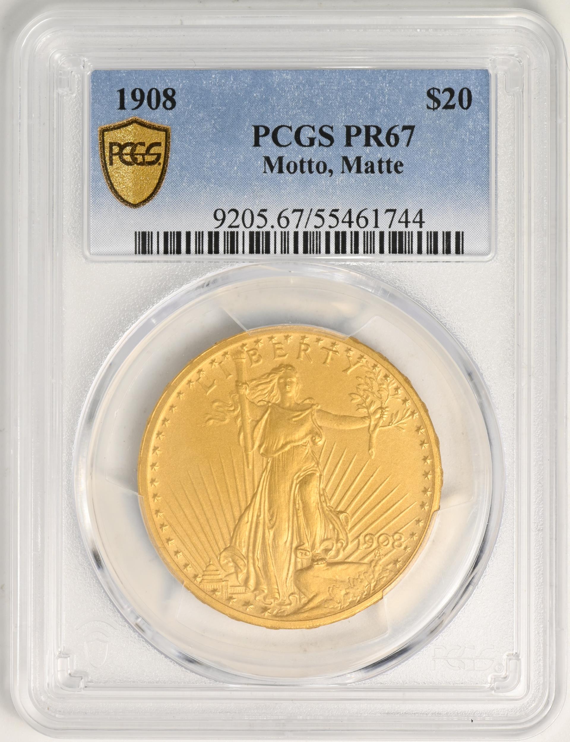 1908 ST. GAUDENS $20, MOTTO PR67