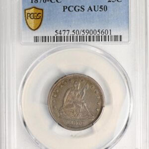 1870-CC LIBERTY SEATED 25C, MOTTO AU50